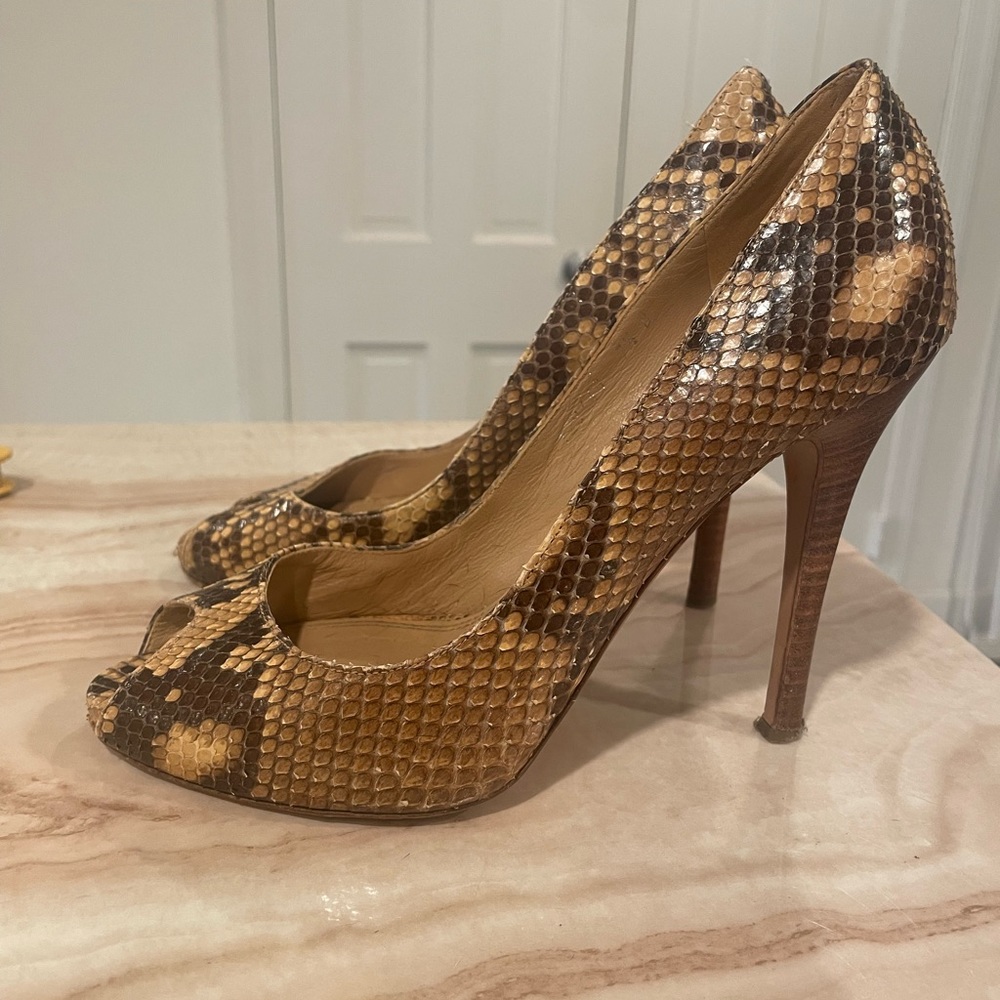 Ralph Lauren Collection women’s python peep-toe stiletto heels with wood heel